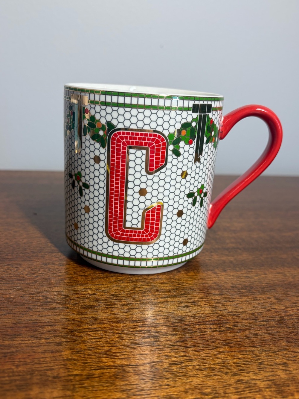 Anthropologie Festive Bistro Tile Monogram Mug Letter C Holiday Gold Accent Mug